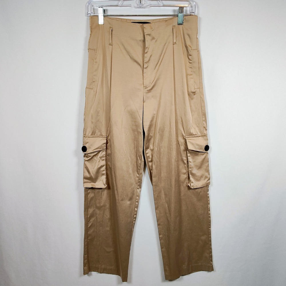 Zara Women's Champagne Gold Satin Cargo Pants Wide Leg High Waist Utility M - Picture 2 of 15